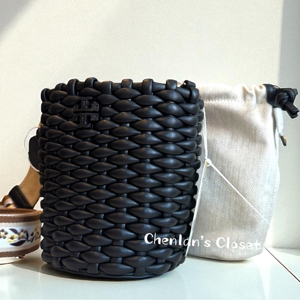 Tory Burch Emerson Woven Mini Bucket Bag Black With Gold Hardware - Picture 7 of 13